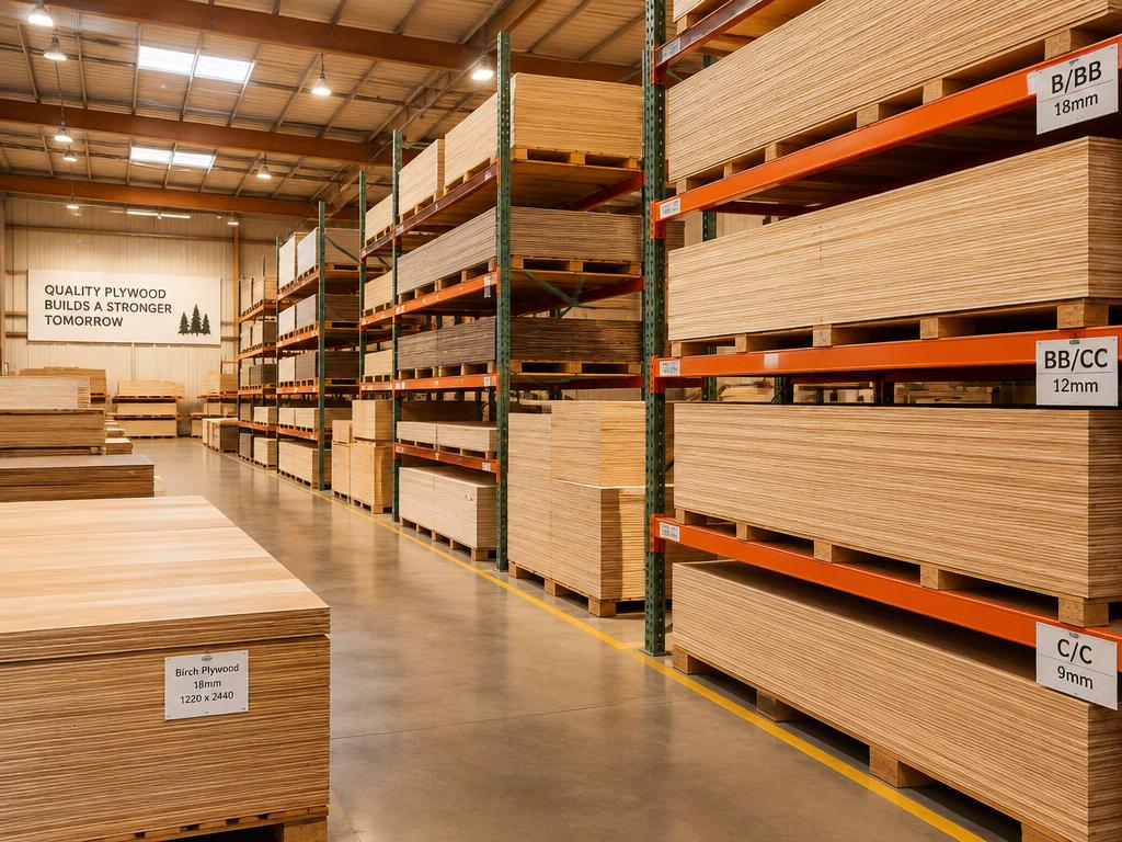 Plywood sheets stacked in a warehouse